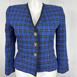 Vintage Le Suit Petite Womens Blue Plaid Blazer Career Crochet Trim Size 10P